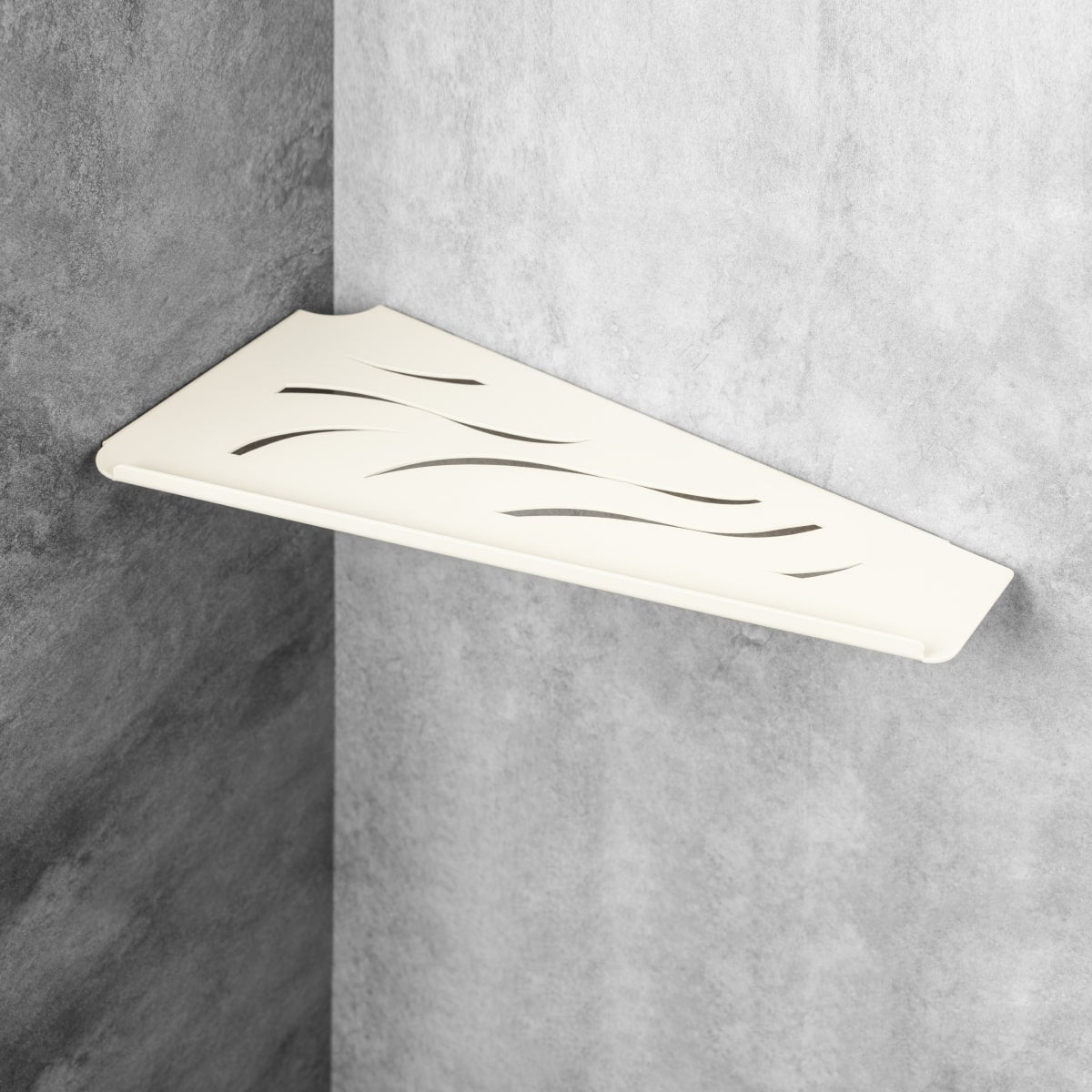 Étagère murale beige avec des motifs ajourés sur un fond neutre