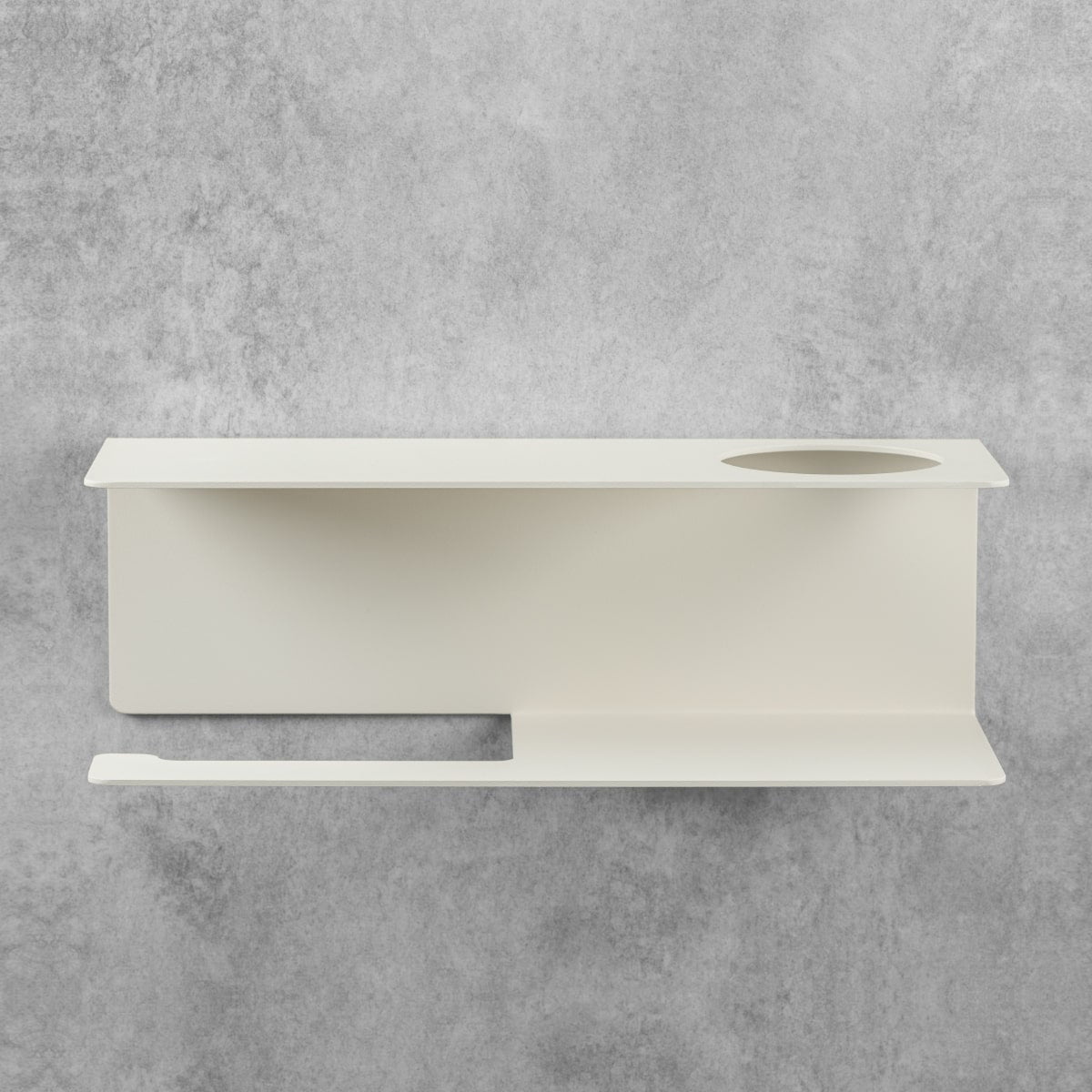 Porte-papier toilette beige avec compartiment et support pratique sur fond gris