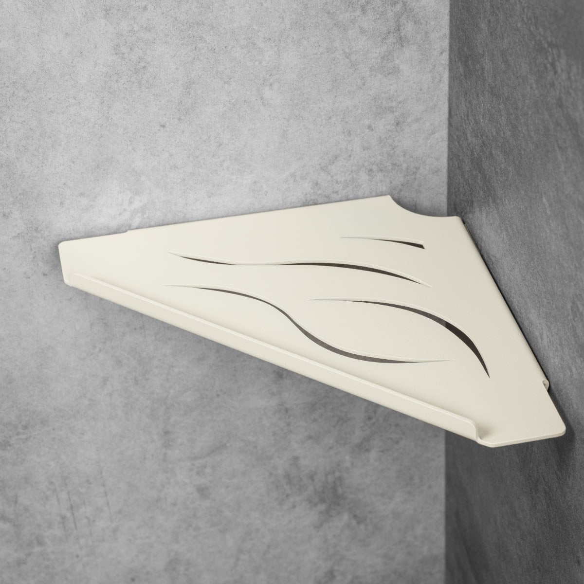 Minimalistic corner bathroom shelf made of white metal with decorative wave-like cutouts