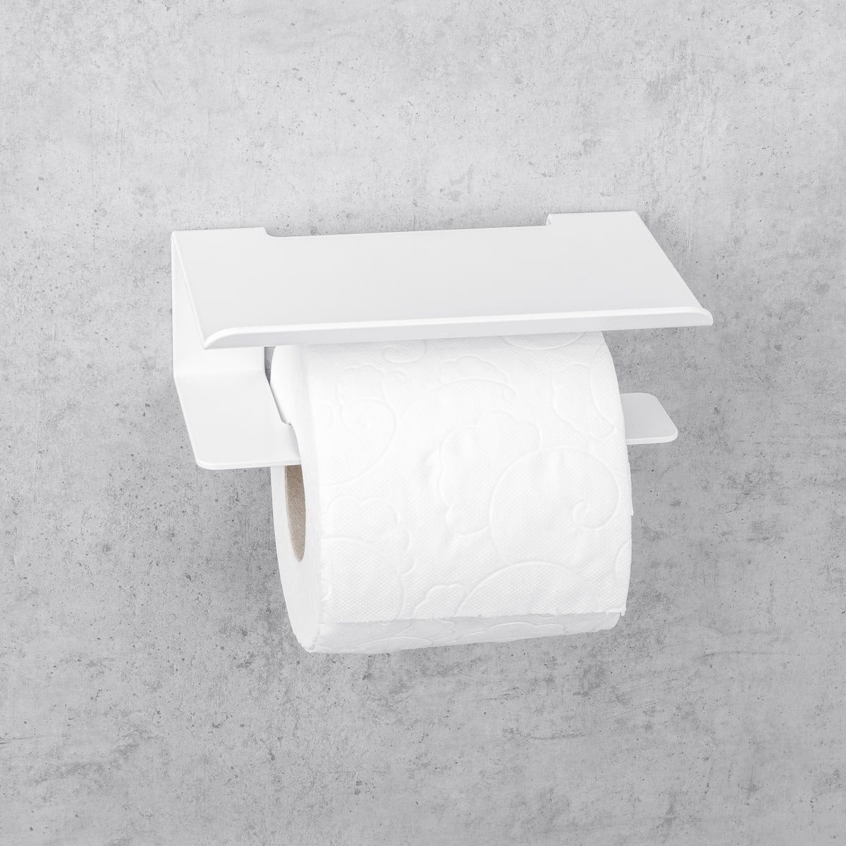 white toilet paper holder with shelf Bliss