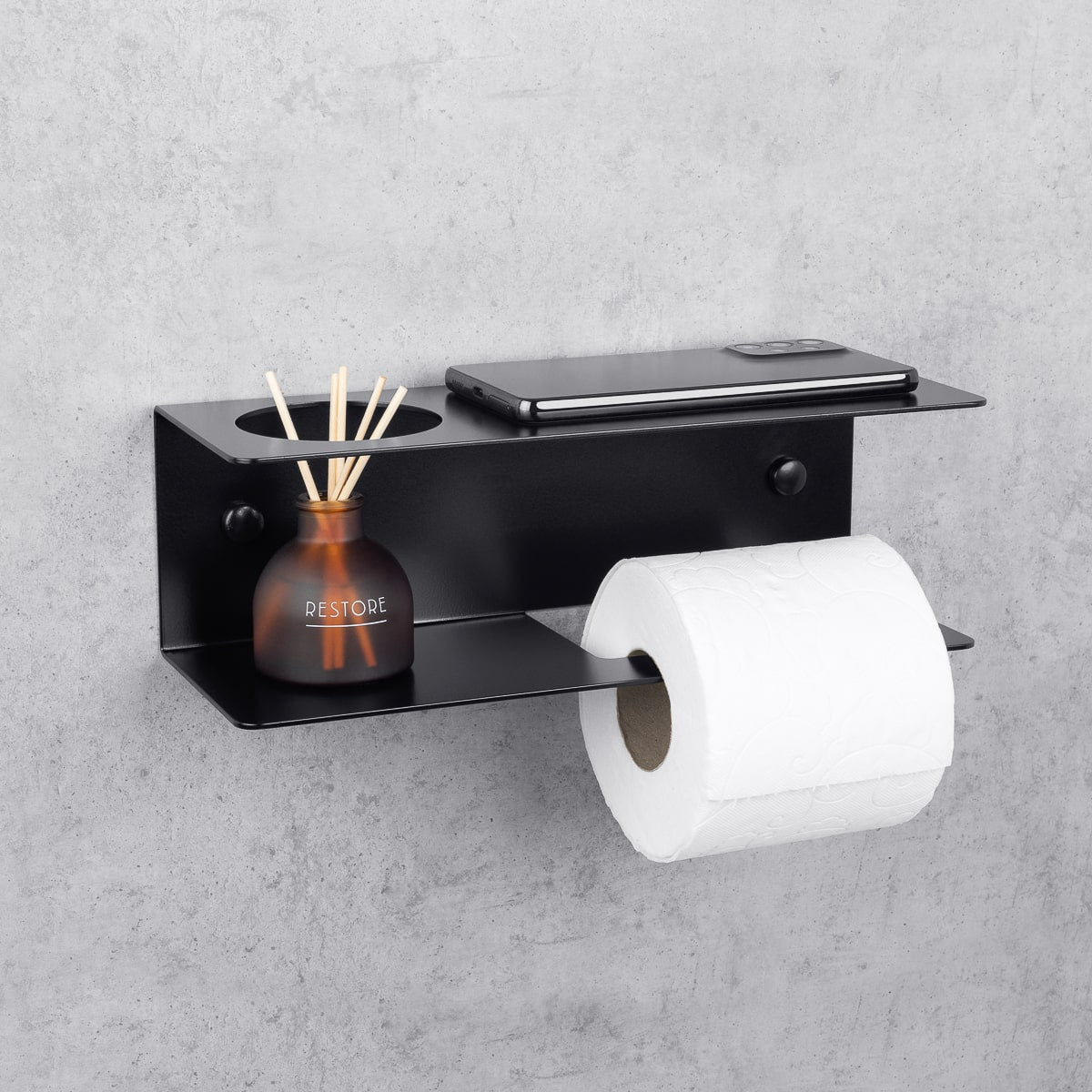 black toilet paper holder with shelf Line