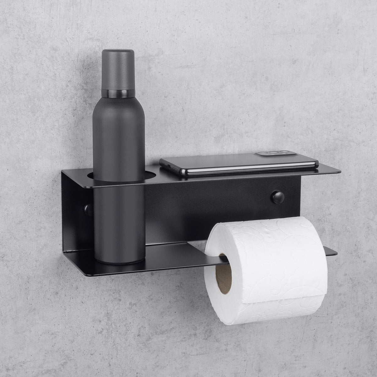 black toilet paper holder with shelf Line